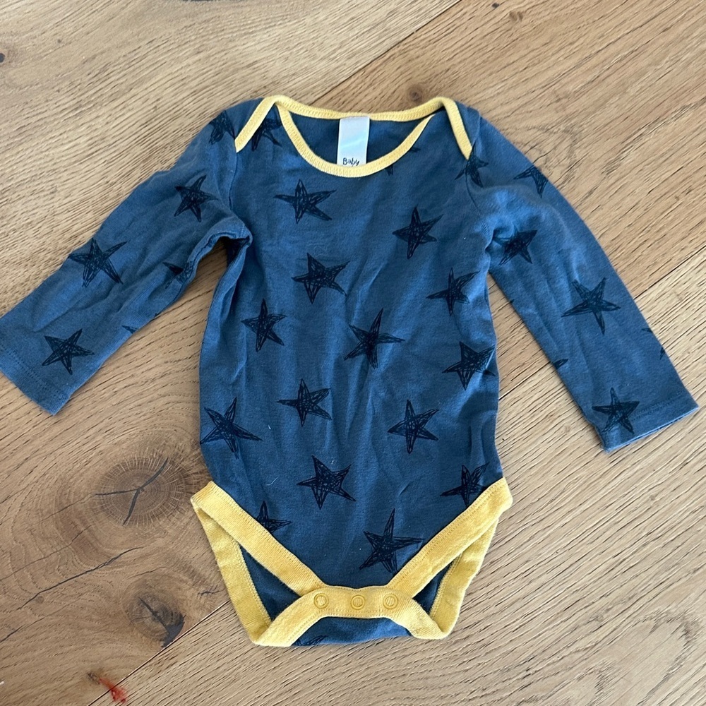 Baby Boden Navy Star Bodysuit with Yellow Trim 6/12m